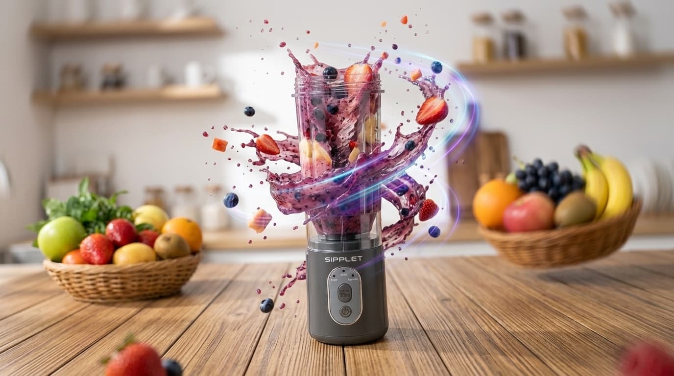 A Sipplet blender mid-blend, with a berry smoothie splash caught above the cup