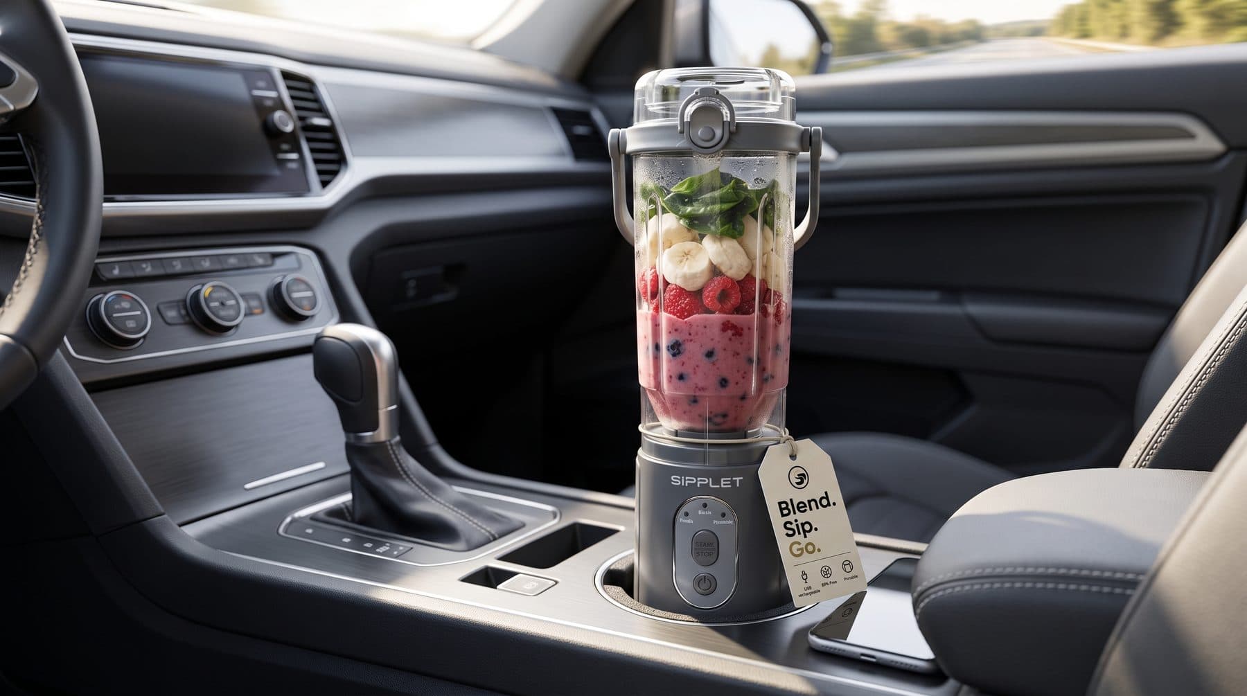 A Sipplet blender filled with a berry smoothie sitting in a car cup holder