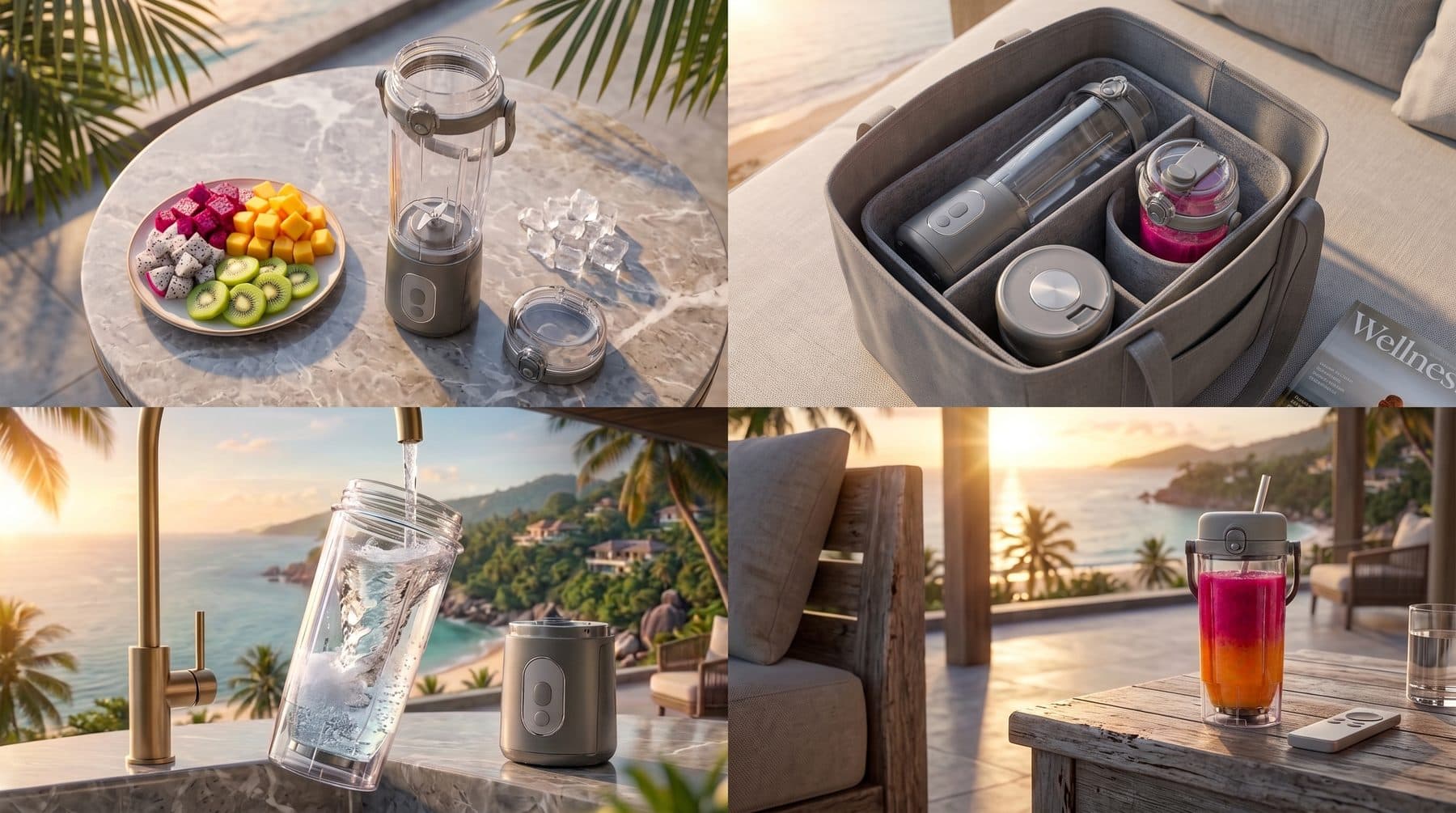 Four scenes: fresh fruit ready to blend, the blender packed in a travel bag, rinsing the cup under a tap, and a finished drink on a sunset patio