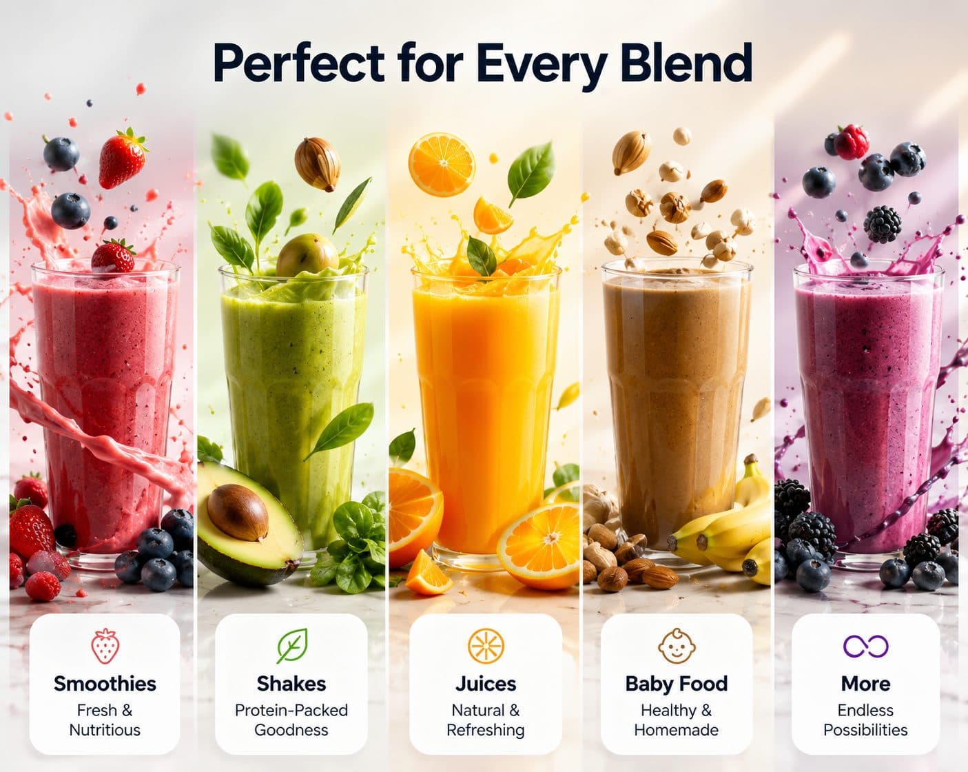 Five glasses showing what the Sipplet can make: smoothies, shakes, juices, baby food, and more