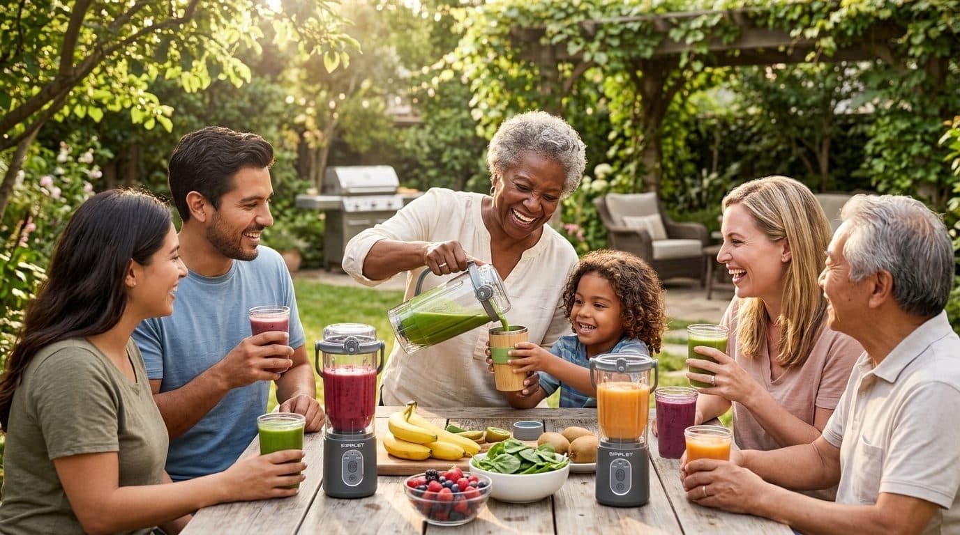 A multi-generational family sharing freshly blended smoothies together in a backyard