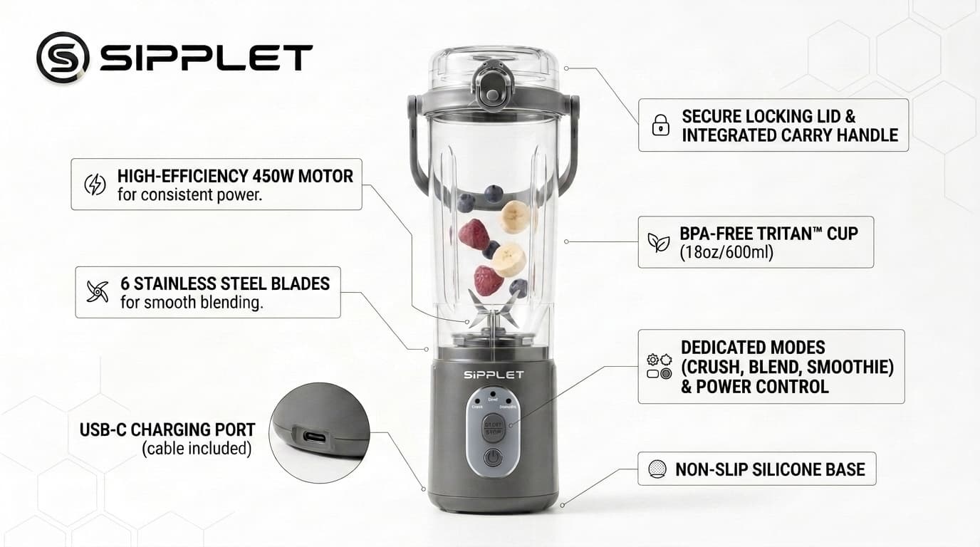 Feature callouts on the Sipplet blender: secure locking lid, BPA-free Tritan cup, one-button operation, USB-C charging, and non-slip base