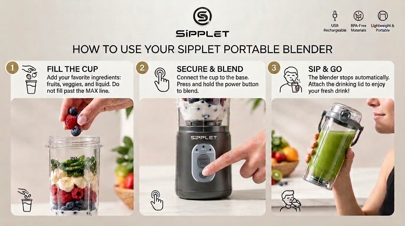 Infographic showing how to use the Sipplet portable blender: fill the cup, secure and blend, sip and go