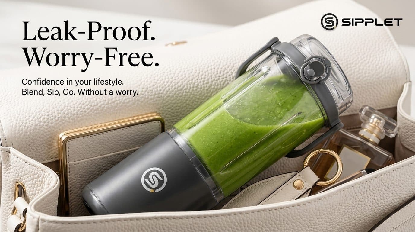 A Sipplet blender filled with green smoothie tucked inside a handbag alongside everyday essentials