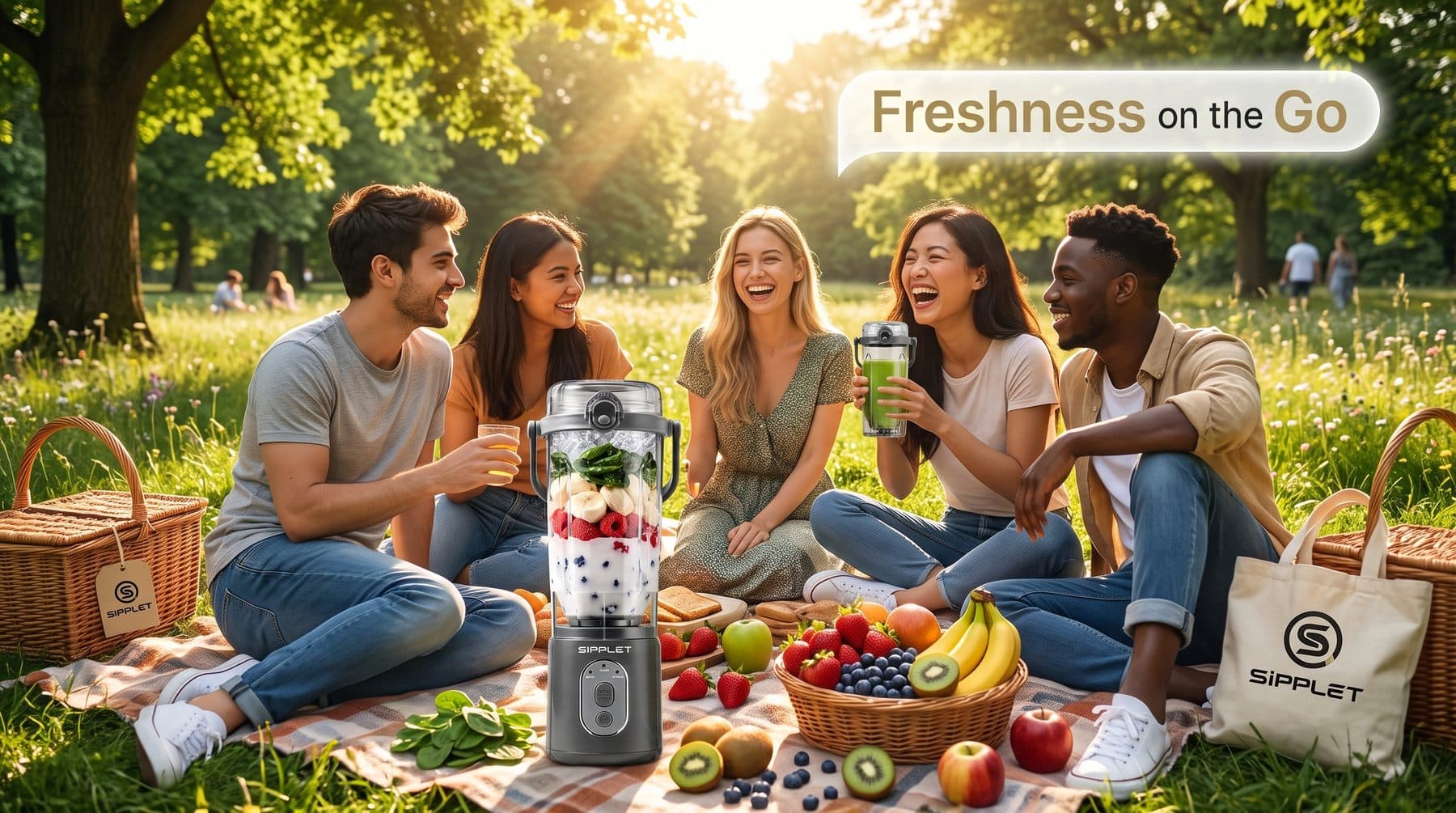 A group of friends laughing and sharing smoothies from Sipplet blenders at a picnic in the park