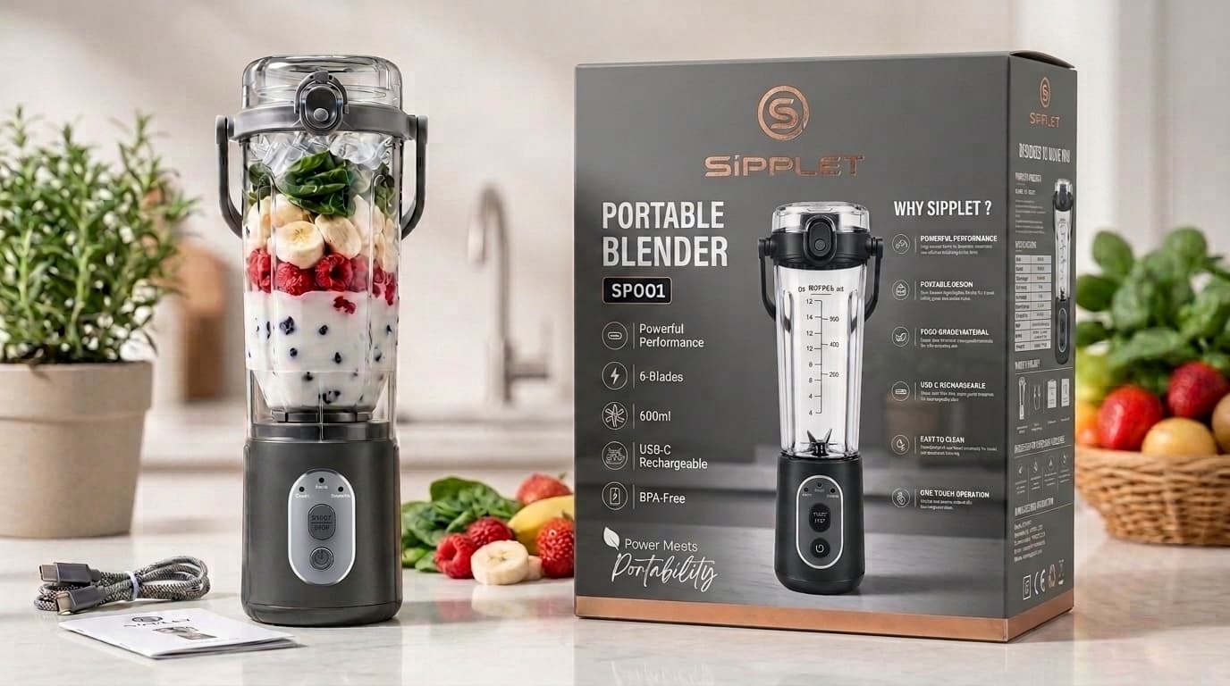 Sipplet blender next to its retail packaging, USB-C cable, and manual