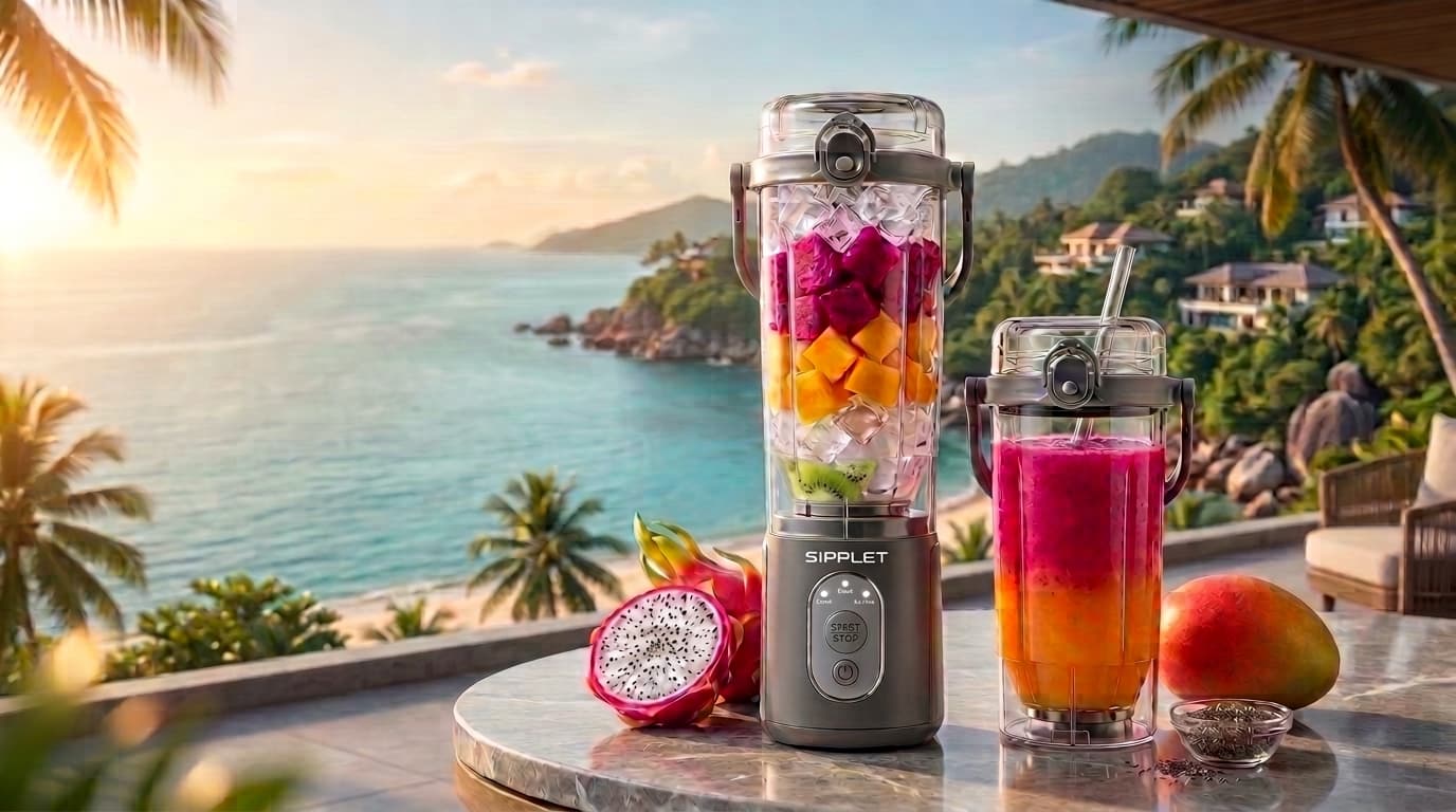Sipplet blender filled with dragon fruit and mango on a tropical terrace overlooking the ocean