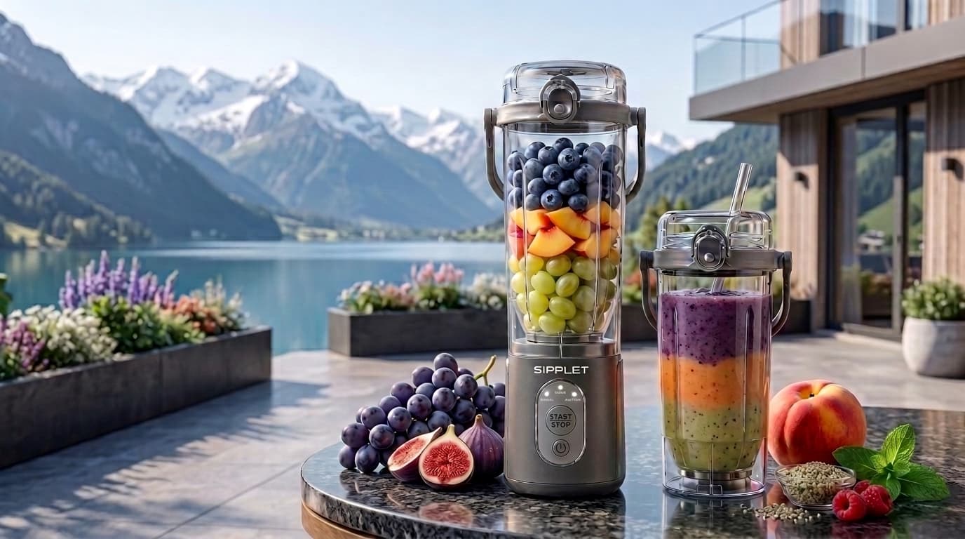 Sipplet blender filled with blueberries and peaches on a lakeside terrace in the mountains