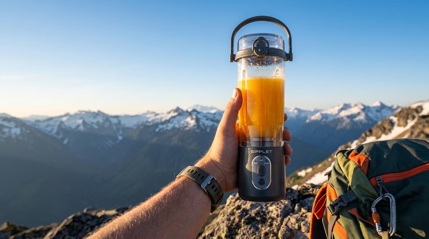 A hiker holding a Sipplet blender full of fresh juice on a mountain summit