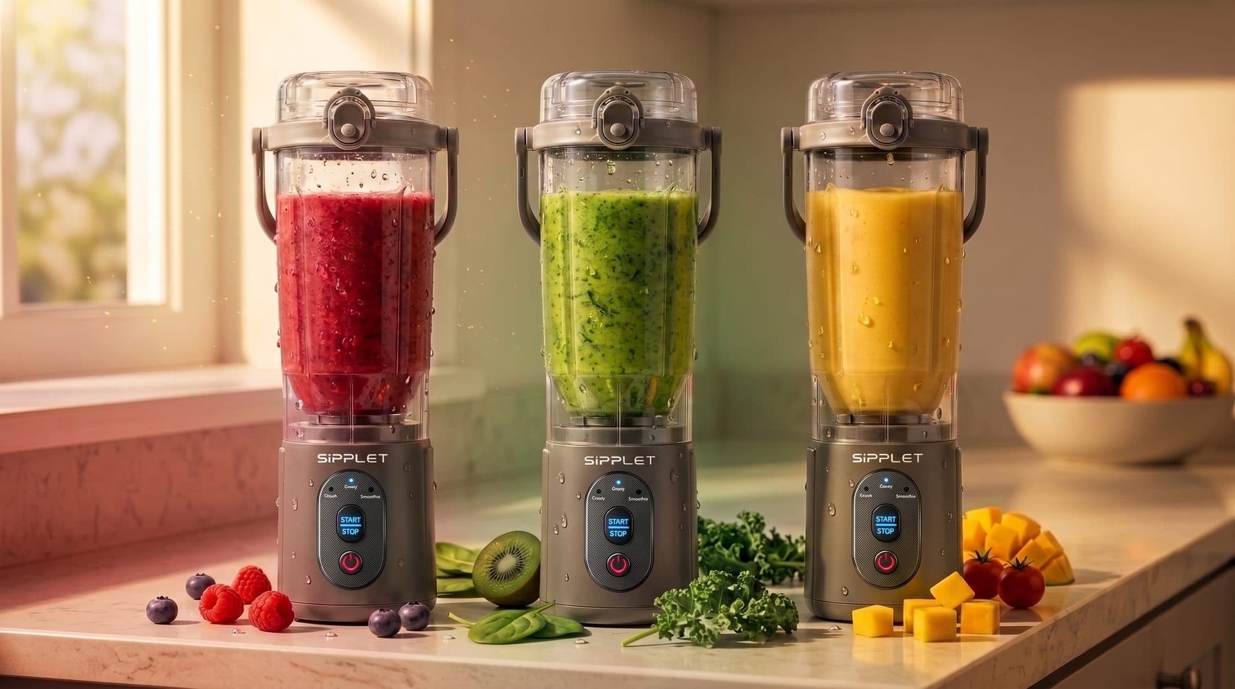 Three Sipplet blenders on a kitchen counter, blending a red berry, green kale, and yellow mango smoothie
