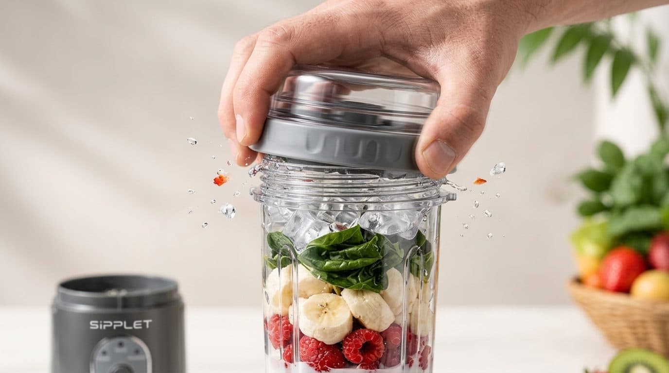 A hand twisting the lid onto a Sipplet blender filled with spinach, banana, and raspberries
