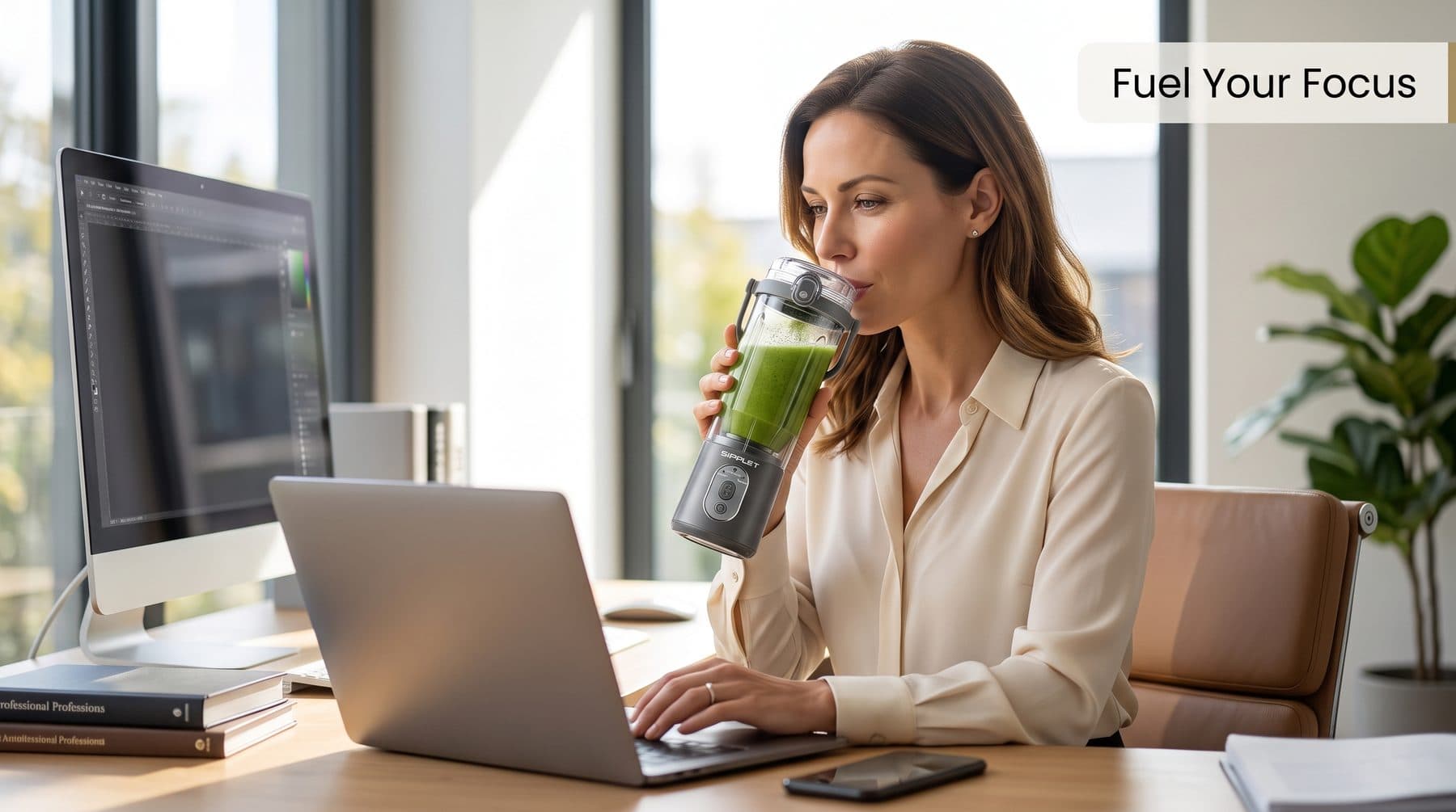 A woman at her home office desk sipping a green smoothie from her Sipplet blender