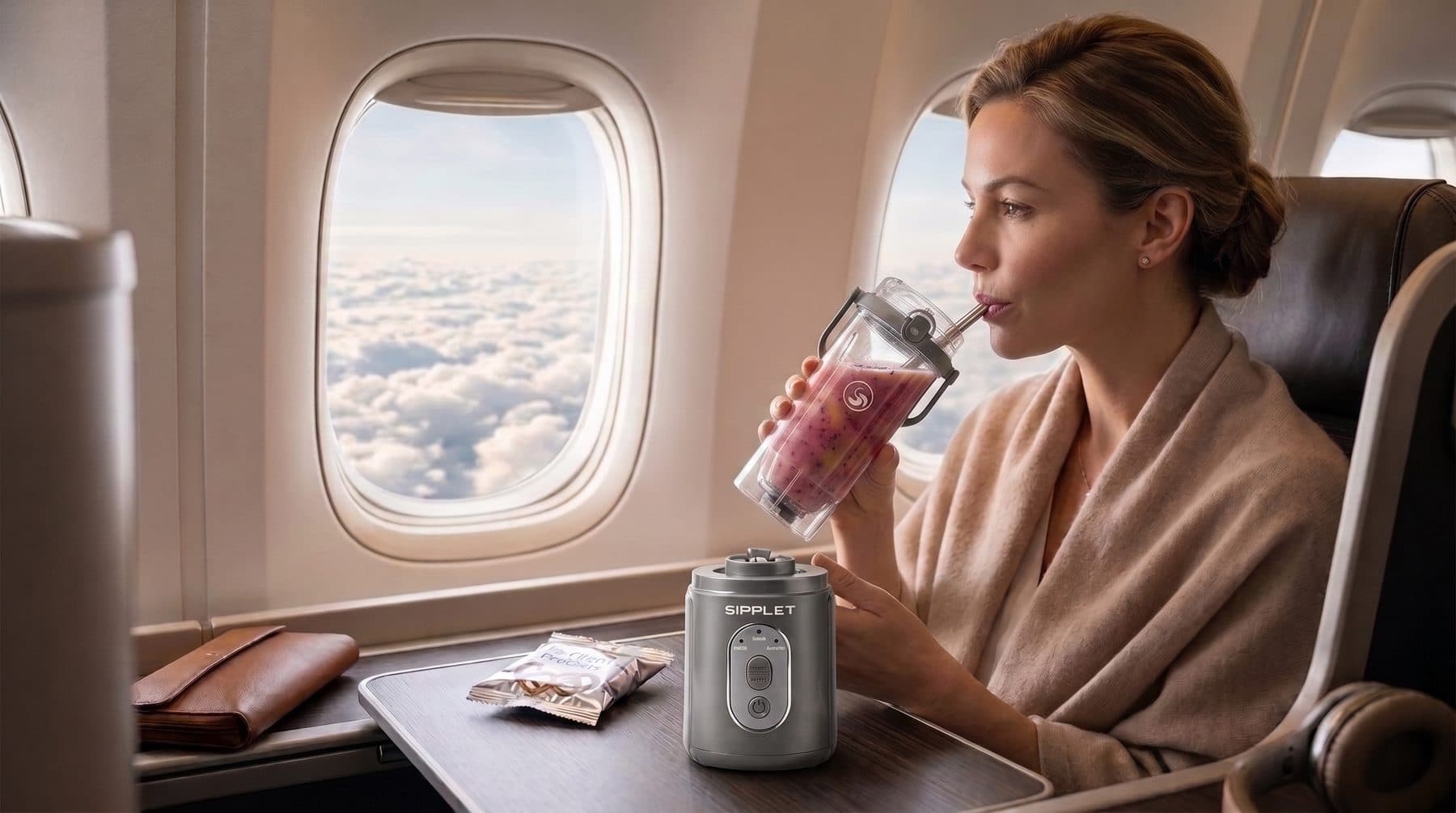 A passenger sipping a berry smoothie from her Sipplet blender by the window on a flight