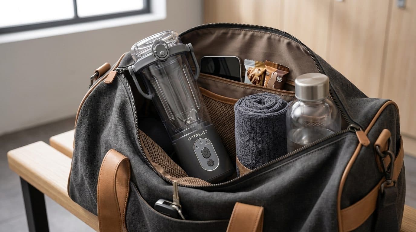 A Sipplet blender packed in a gym bag alongside a towel and water bottle
